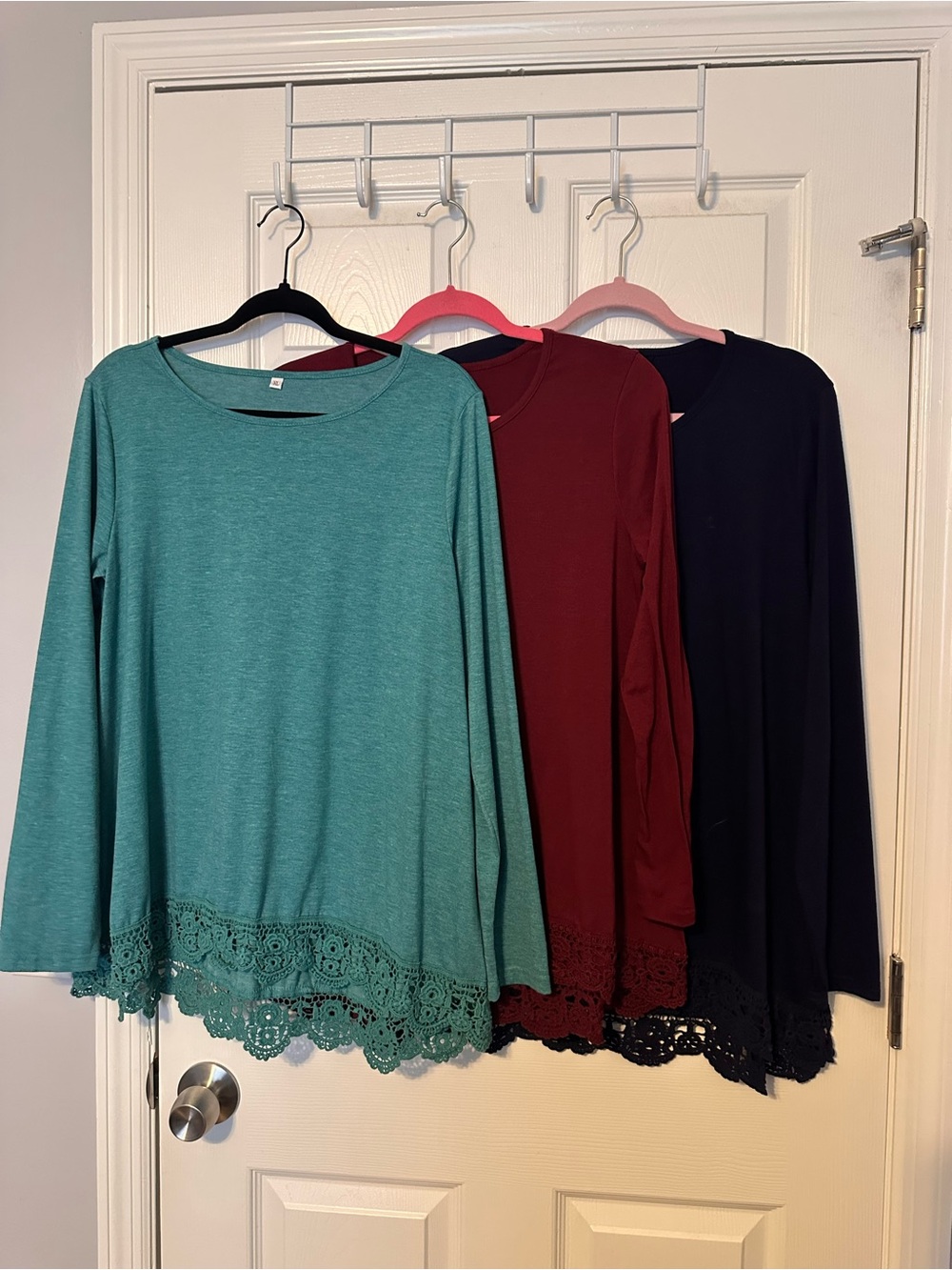 Women’s Lace-Hem Long Sleeve Top - Teal, Wine,  Navy
